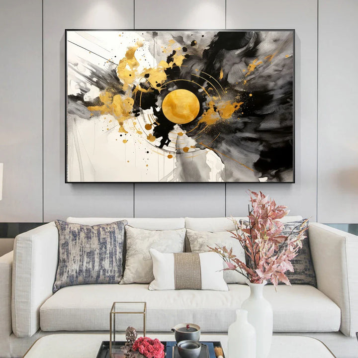 Modern Flowing Geometry Black Golden Abstract Wall Art Fine Art Canvas Prints Pictures For Living Room Dining Room Home Office Decor | Bowlift