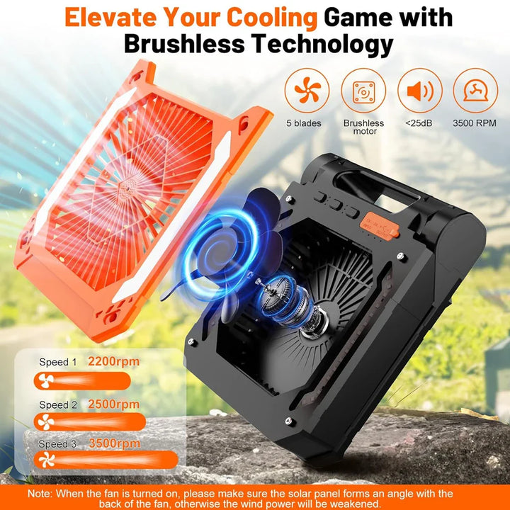 20000mAh Portable Electric Fan with LED Light — USB, Solar & Car Charging for Camping | Bowlift