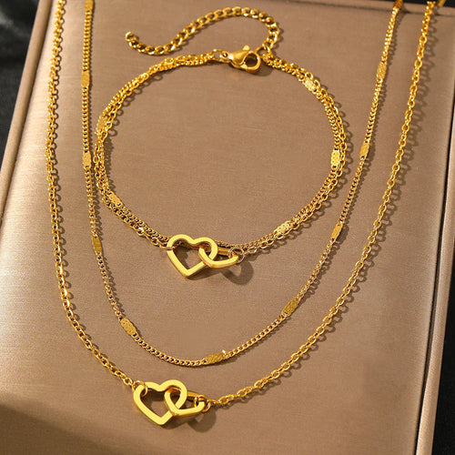 BowLift | Dainty Curb & Chain Link Dual Heart Necklace and Bracelet Set