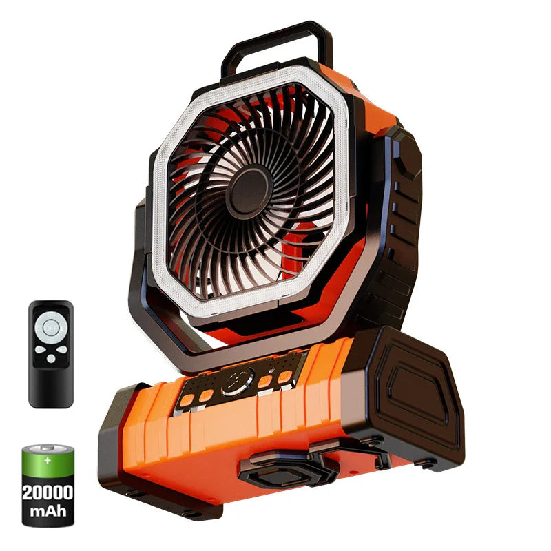 20000mAh Portable Rechargeable Fan — Battery-Operated Desk & Camping Fan with LED Light & Hook for Tent, Car, and Outdoor Trips | Bowlift