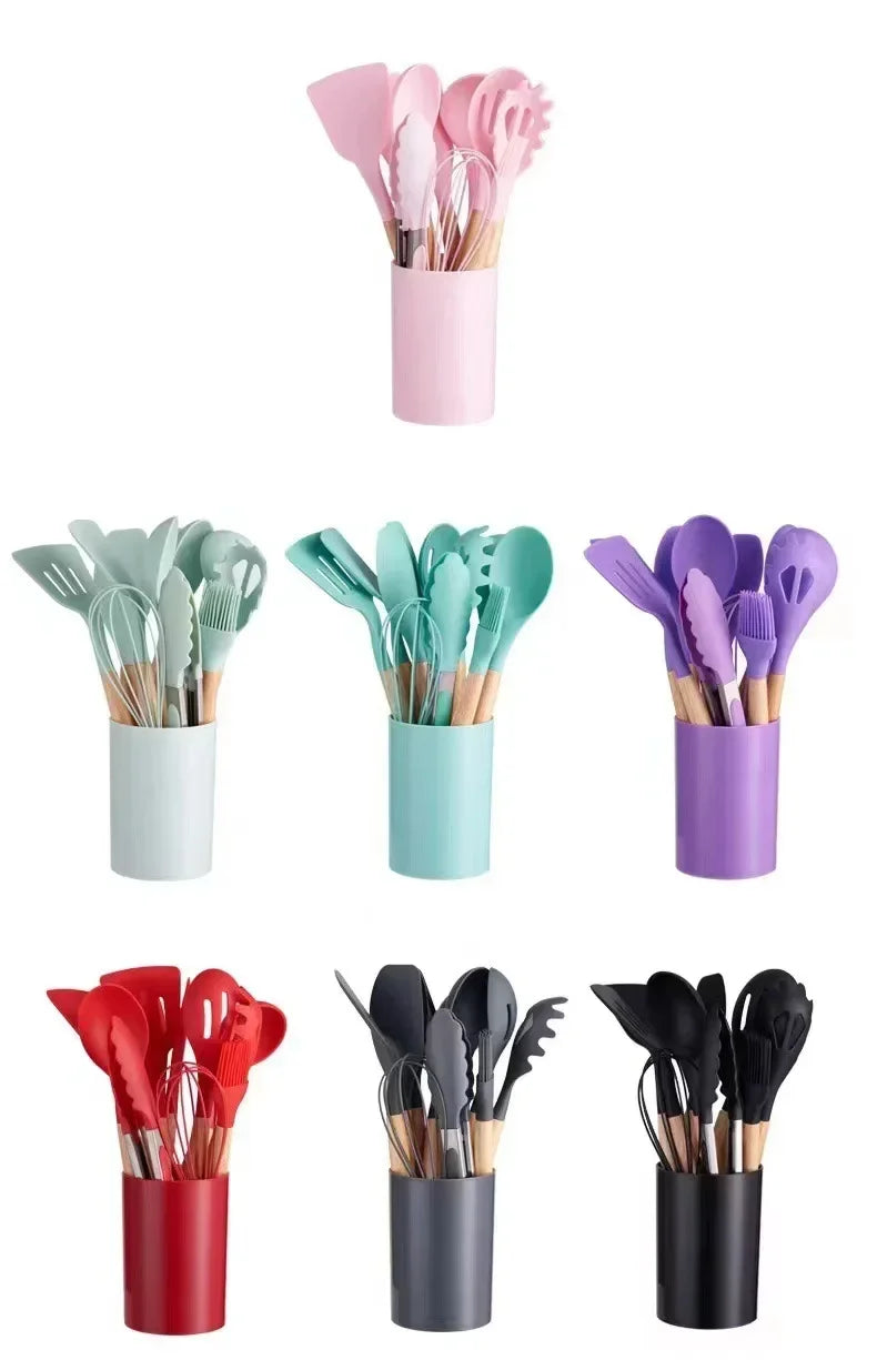 12-piece silicone cooking utensils set with wooden handles | Bowlift