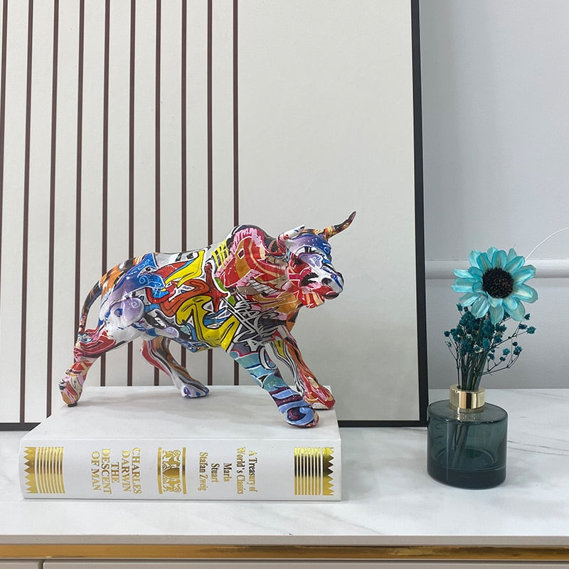 BowLift | Graffiti-Painting Resin Bull Figures Home Living Room Bedroom Office Desktop Feng Shui Ornaments Collection Statues