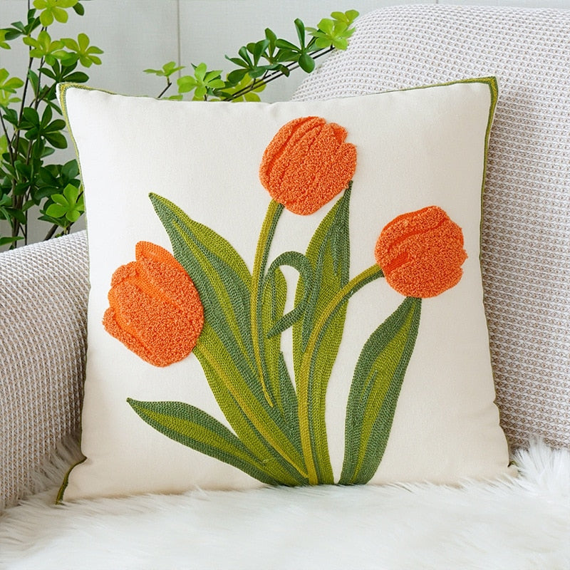 Embroidered tulip cushion cover
