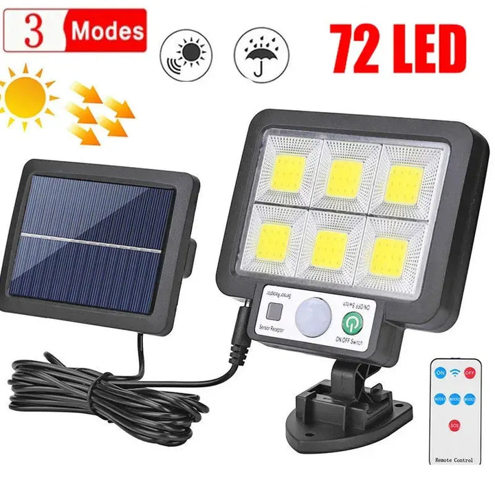 BowLift | LumoVolt Solar light with motion sensor | 72 COB LEDs | Remote control & 5 m solar panel cable | 3 modes | IP65 weatherproof