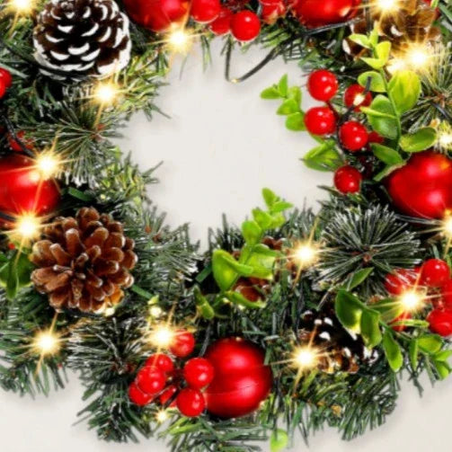 BowLift | Lunoria Christmas Wreath | LED Lighting | Elegant Red Berries & Ribbon