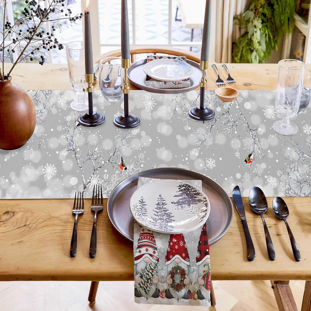 BowLift | SnowGnome Christmas Table Runner – Luxe Linen Table Runner with Snowflake and Gnome Design
