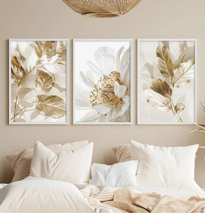 Modern White & Golden Floral Wall Art Fine Art Canvas Prints Pictures For Living Room Dining Room Bedroom Art Decor (Set of 3Pcs) | Bowlift