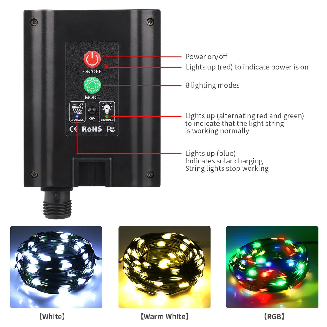 BowLift | Solar String Lights 100M LumiSol ProLine | 8 Modes | IP65 Waterproof | Extra Bright LEDs | Remote Control & Fast Charging | For Garden, Wedding & Christmas
