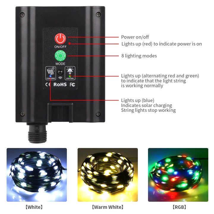 BowLift | Solar String Lights 100M LumiSol ProLine | 8 Modes | IP65 Waterproof | Extra Bright LEDs | Remote Control & Fast Charging | For Garden, Wedding & Christmas