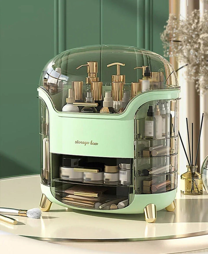 Luxury transparent makeup organizer with rotating doors and drawers | Bowlift