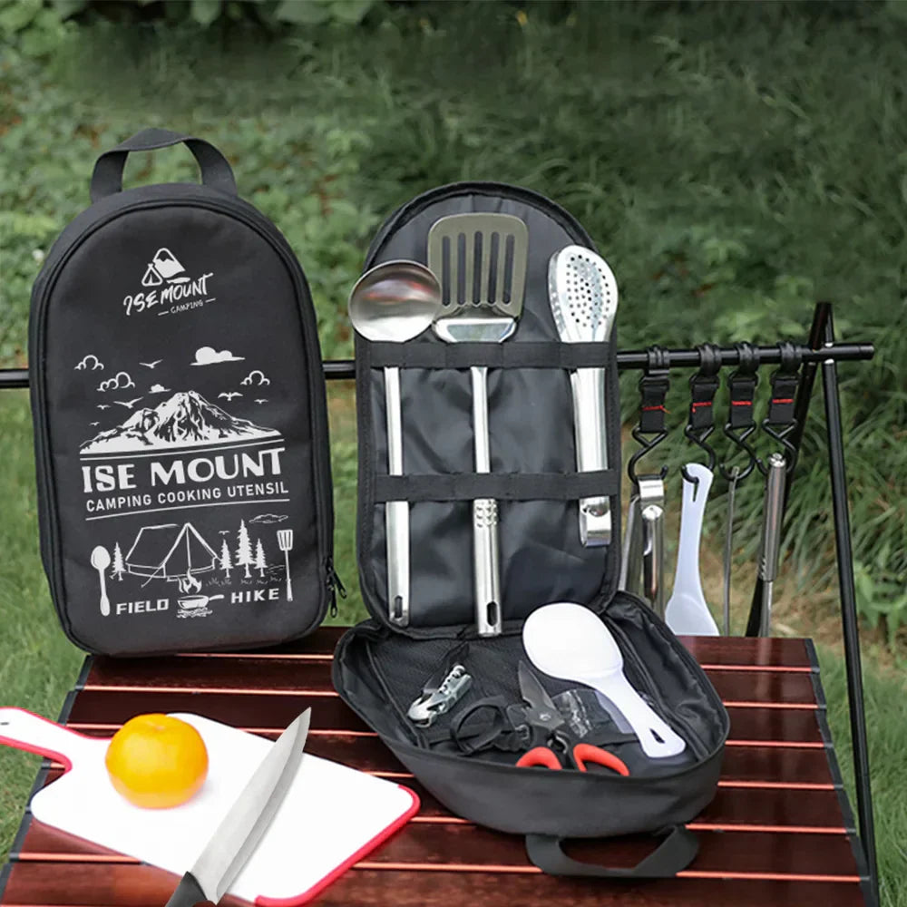 BowLift | Nomadiq Cooking Set | 9-piece | Stainless Steel Outdoor Kitchen Accessories | With Carrying Bag