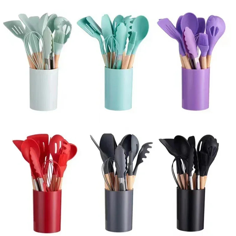 12-piece silicone cooking utensils set with wooden handles | Bowlift