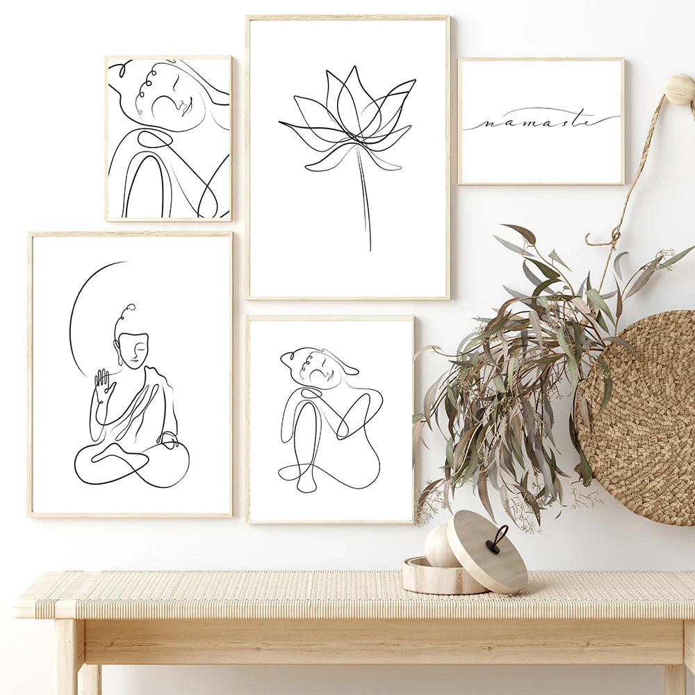 Minimalist Buddha Poster Lotus Wall Art Line Art Fine Art Canvas Prints Inspirational Meditation Pictures For Living Room Salon Spa Wall Decor | Bowlift
