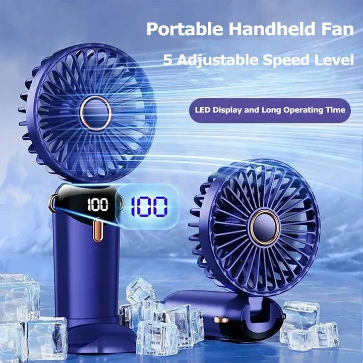 Handheld Mini Fan – 3000mAh Foldable Portable Desk & Neck Hanging Fan with 5 Speeds, USB Rechargeable & Phone Stand Display | Bowlift