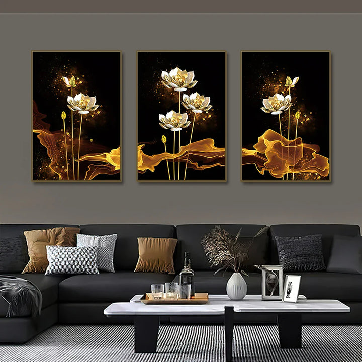 Set of 3PCs White Golden Lotus Exotic Floral Wall Art Fine Art Canvas Prints Exotic Botanic Pictures For Luxury Living Room Dining Room Bedroom Art Decor | Bowlift