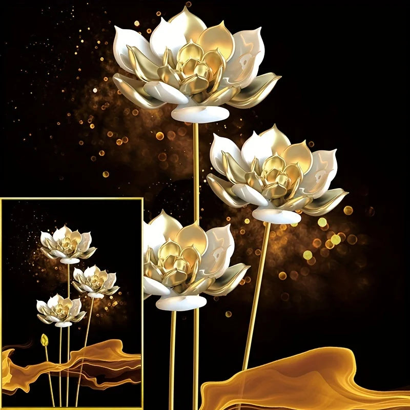 Set of 3PCs White Golden Lotus Exotic Floral Wall Art Fine Art Canvas Prints Exotic Botanic Pictures For Luxury Living Room Dining Room Bedroom Art Decor | Bowlift