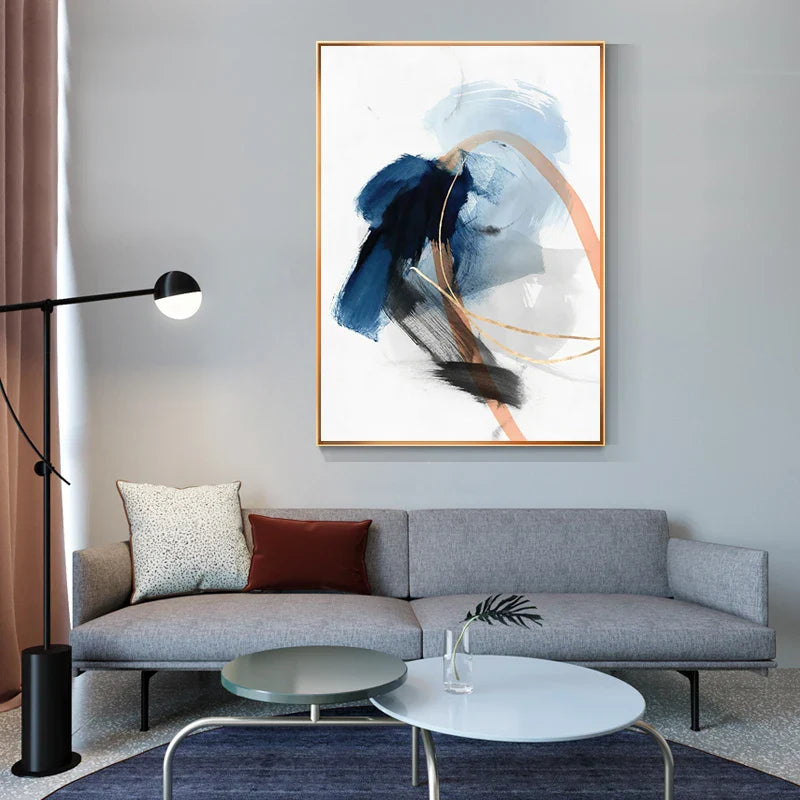Modern Abstract Broad Stroke Wall Art Fine Art Canvas Prints Blue Beige With Hints Of Orange Golden Nordic Pictures For Living Room Decor | Bowlift