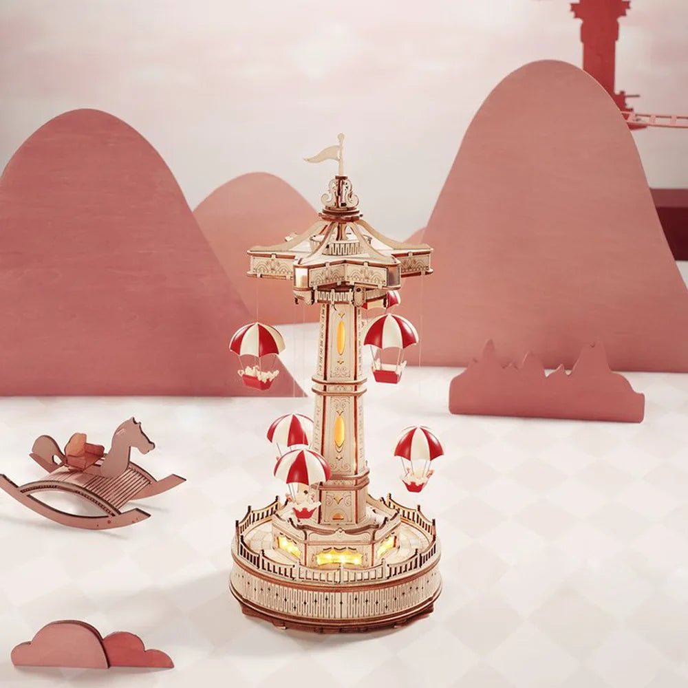 BowLift | ROKR Parachute Tower Music Box | 3D Wooden Puzzle with Movement & Light | DIY Kit 184 Pieces | Magical Carnival for Kids & Adults