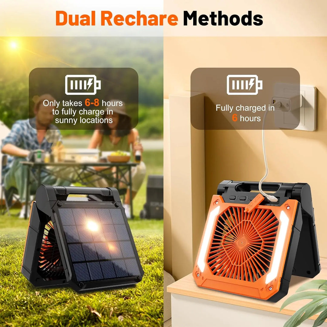 20000mAh Portable Electric Fan with LED Light — USB, Solar & Car Charging for Camping | Bowlift