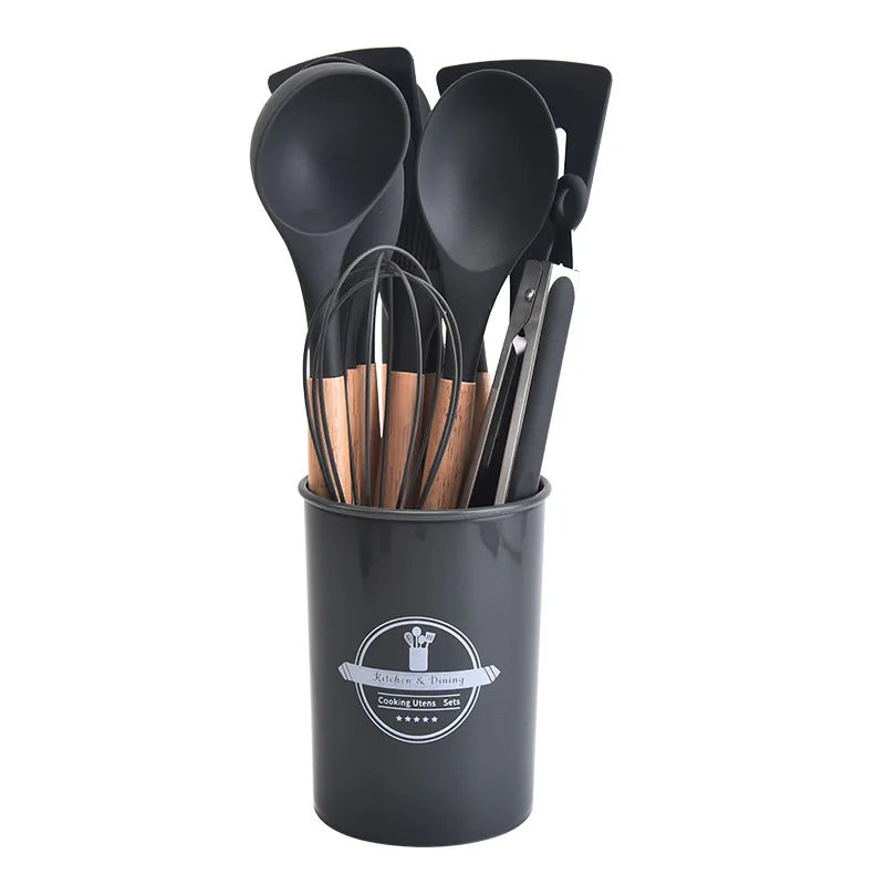 BowLift | Culinora Silicone Kitchen Utensils Set | Heat Resistant up to 230 °C | 12-piece with Wooden Handles | Whisk, Spatula, Tongs & more