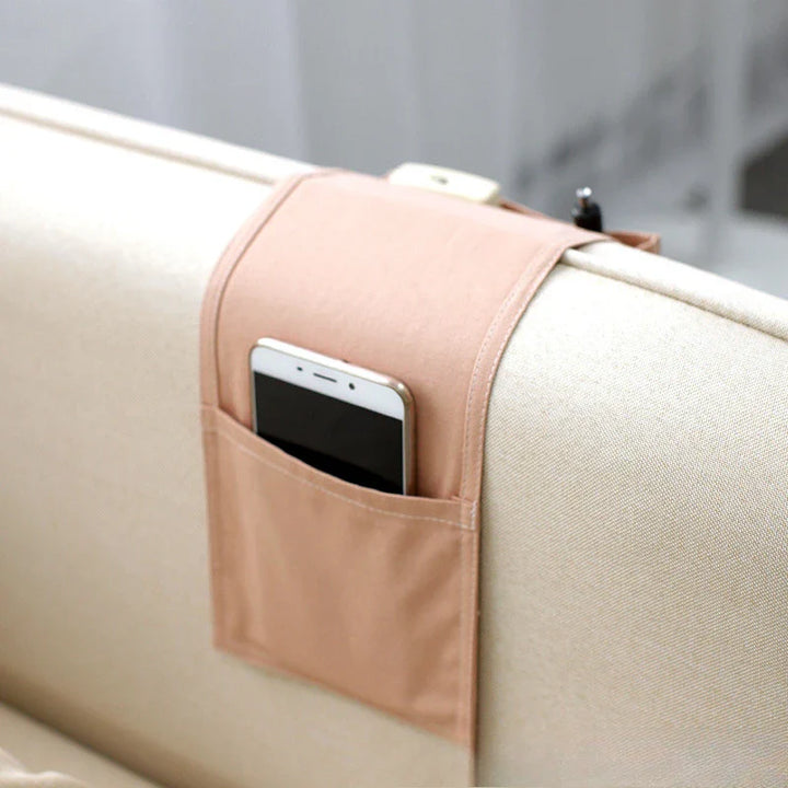 BowLift | Restivo Bed Organizer made of cotton linen | Hanging storage with pockets | For remote controls, books & accessories – approx. 30×20×10 cm