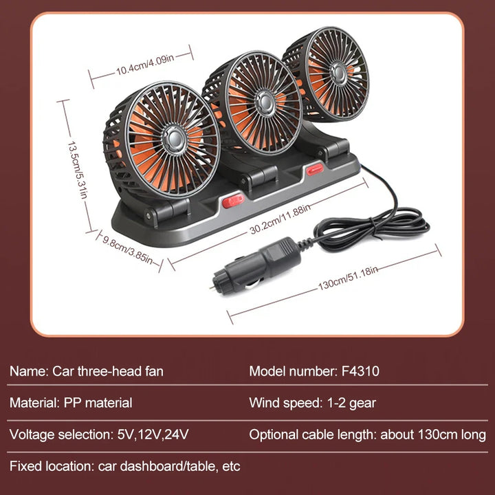 360° Adjustable Car Fan - 3-Head Automotive Electric Fan - USB/12V/24V - 2 Speeds - Silent Cooling for Home, Desk, Office & Car | Bowlift