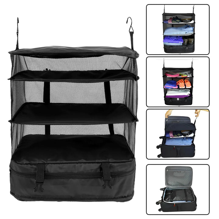 BowLift | Packelier Suitcase Organizer | Hanging Shelf for Travel | 3 Compartments | Foldable & Water-Resistant | Black