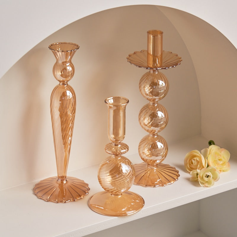 Ribbed Glass Candle Holders - Amber | Bowlift