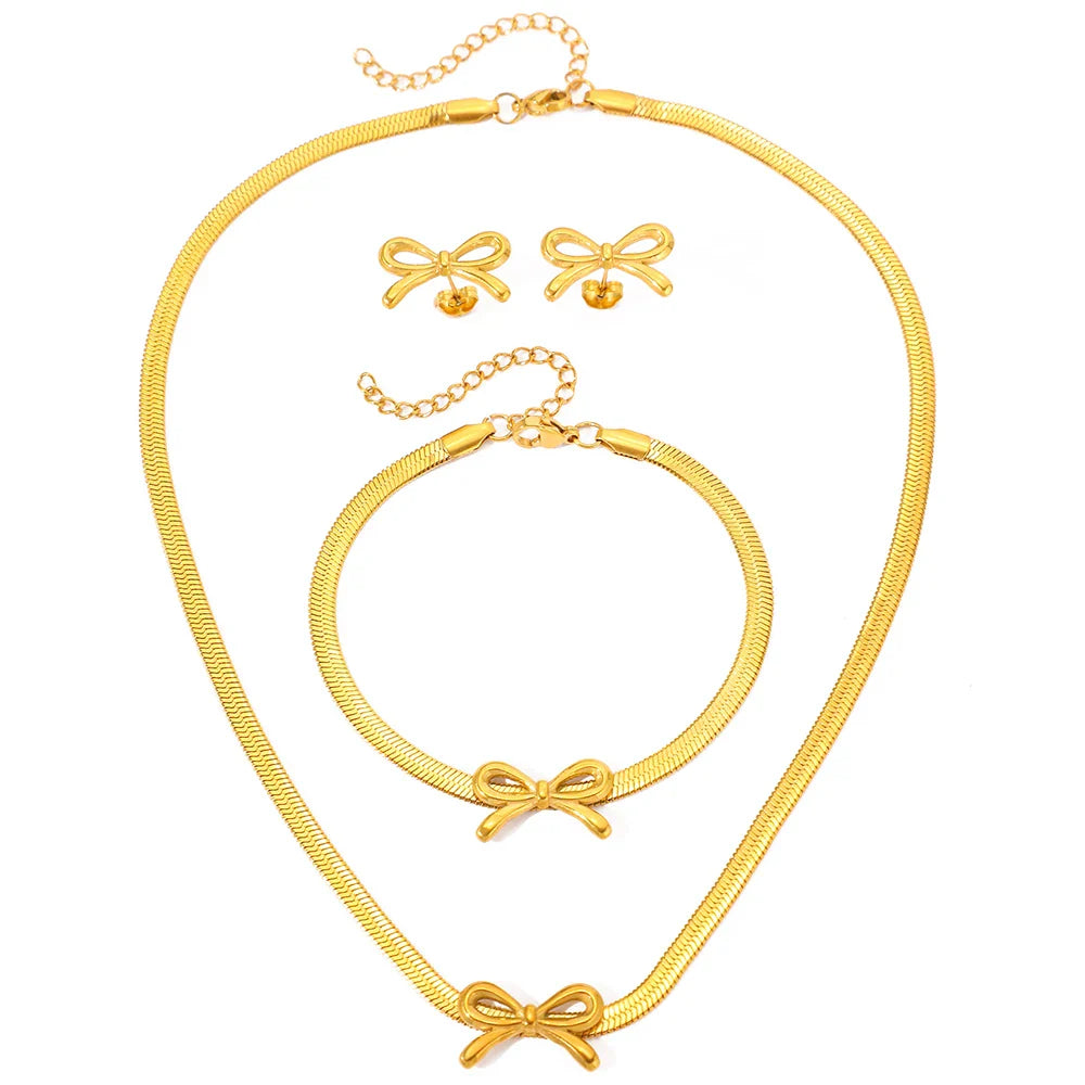BowLift | Feminine Bow Herringbone Chain Necklace, Bracelet, and Earring Set