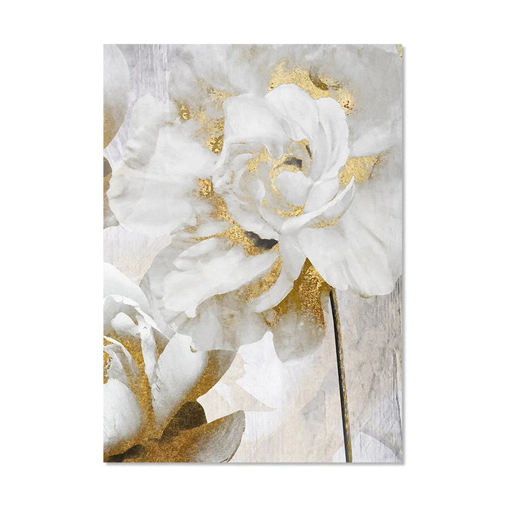 Opulent Blossoms Elegant White Flowers with Gold Accents Canvas Wall Art Fine Art Canvas Prints Posters Floral Pictures For Modern Living Room | Bowlift