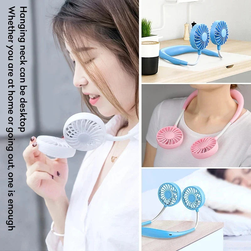 USB Portable Hands-Free Neck Fan - Rechargeable Mini Sports Fan, 3-Speed Adjustable Dual Fan for Home Office & Outdoor Use | Bowlift