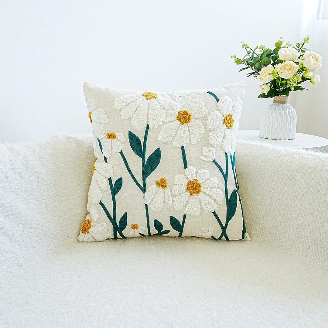 BowLift | Cushion with Embroidered Daisies for Sofa and Living Room Without Filling