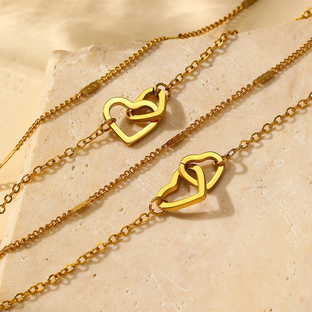 BowLift | Dainty Curb & Chain Link Dual Heart Necklace and Bracelet Set