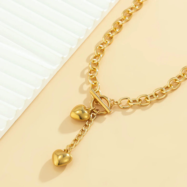 BowLift | Bold Chunky Chain Link Dual Heart Lariat Necklace & Bracelet