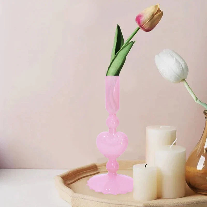 BowLift | Retro Taper Candle Holder Red Heart Shape Glass Candle Holder Wedding Table Decoration Home Party Glass Vase Decor