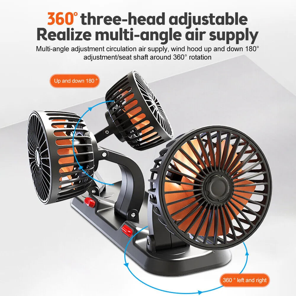 360° Adjustable Car Fan - 3-Head Automotive Electric Fan - USB/12V/24V - 2 Speeds - Silent Cooling for Home, Desk, Office & Car | Bowlift