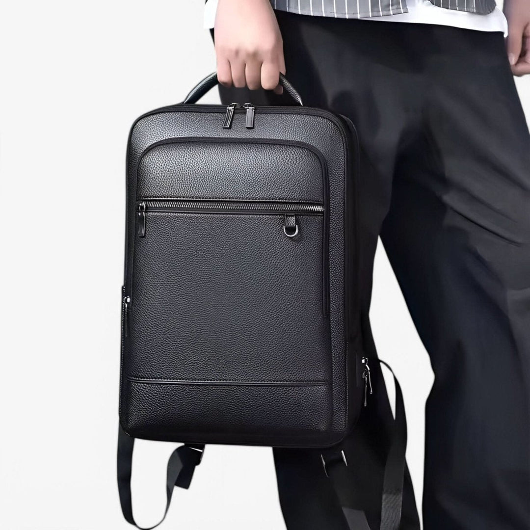 BowLift | Elegant leather rucksack for men/women with USB port for laptop and everyday use, 15.6 inch, black