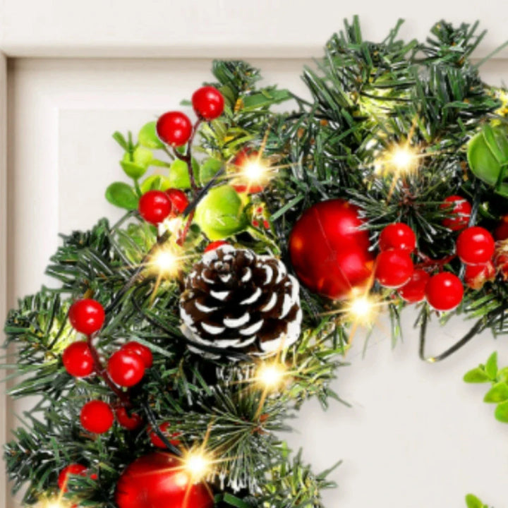 BowLift | Lunoria Christmas Wreath | LED Lighting | Elegant Red Berries & Ribbon