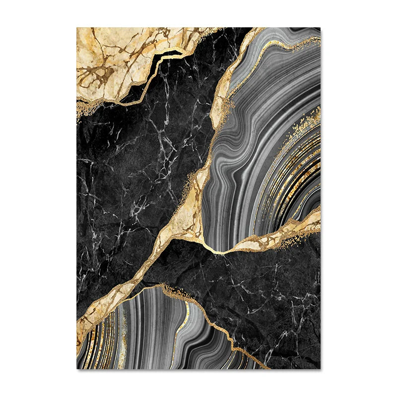 Modern Abstract Black Gray Golden Geode Marble Print Wall Art Fine Art Canvas Prints Pictures For Luxury Apartment Living Room Home Office Decor | Bowlift