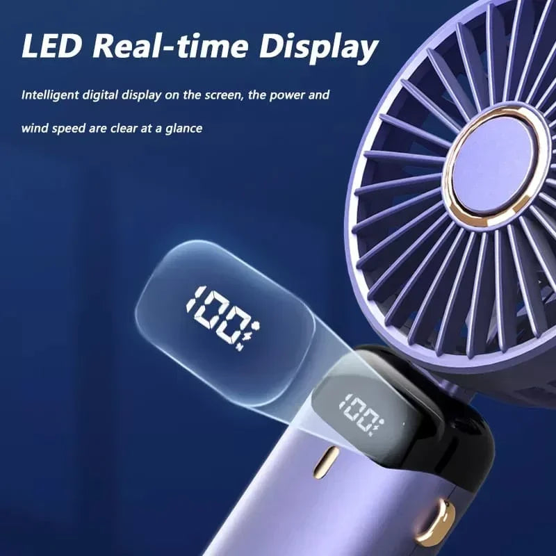 Handheld Mini Fan – 3000mAh Foldable Portable Desk & Neck Hanging Fan with 5 Speeds, USB Rechargeable & Phone Stand Display | Bowlift