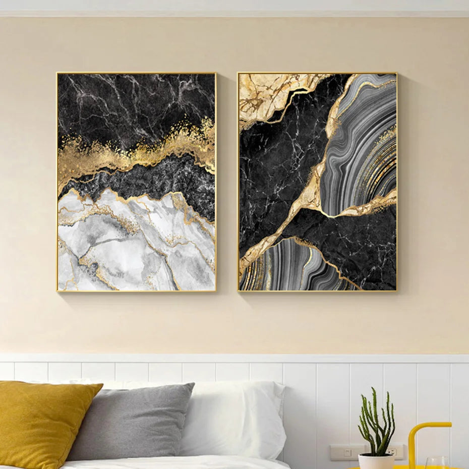 Modern Abstract Black Gray Golden Geode Marble Print Wall Art Fine Art Canvas Prints Pictures For Luxury Apartment Living Room Home Office Decor | Bowlift