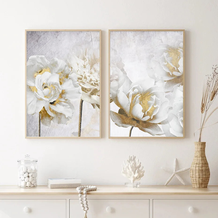 Opulent Blossoms Elegant White Flowers with Gold Accents Canvas Wall Art Fine Art Canvas Prints Posters Floral Pictures For Modern Living Room | Bowlift