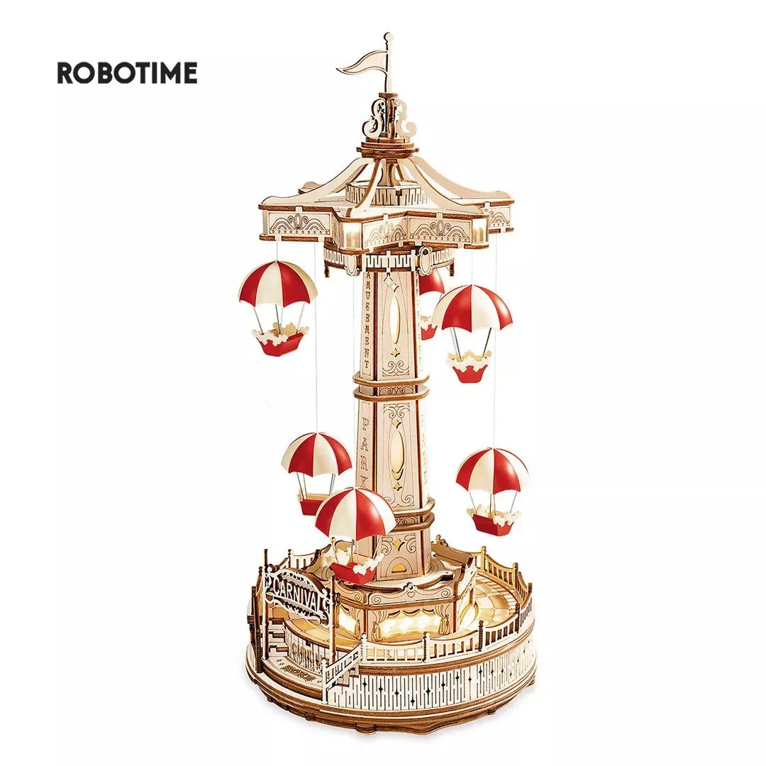 BowLift | ROKR Parachute Tower Music Box | 3D Wooden Puzzle with Movement & Light | DIY Kit 184 Pieces | Magical Carnival for Kids & Adults