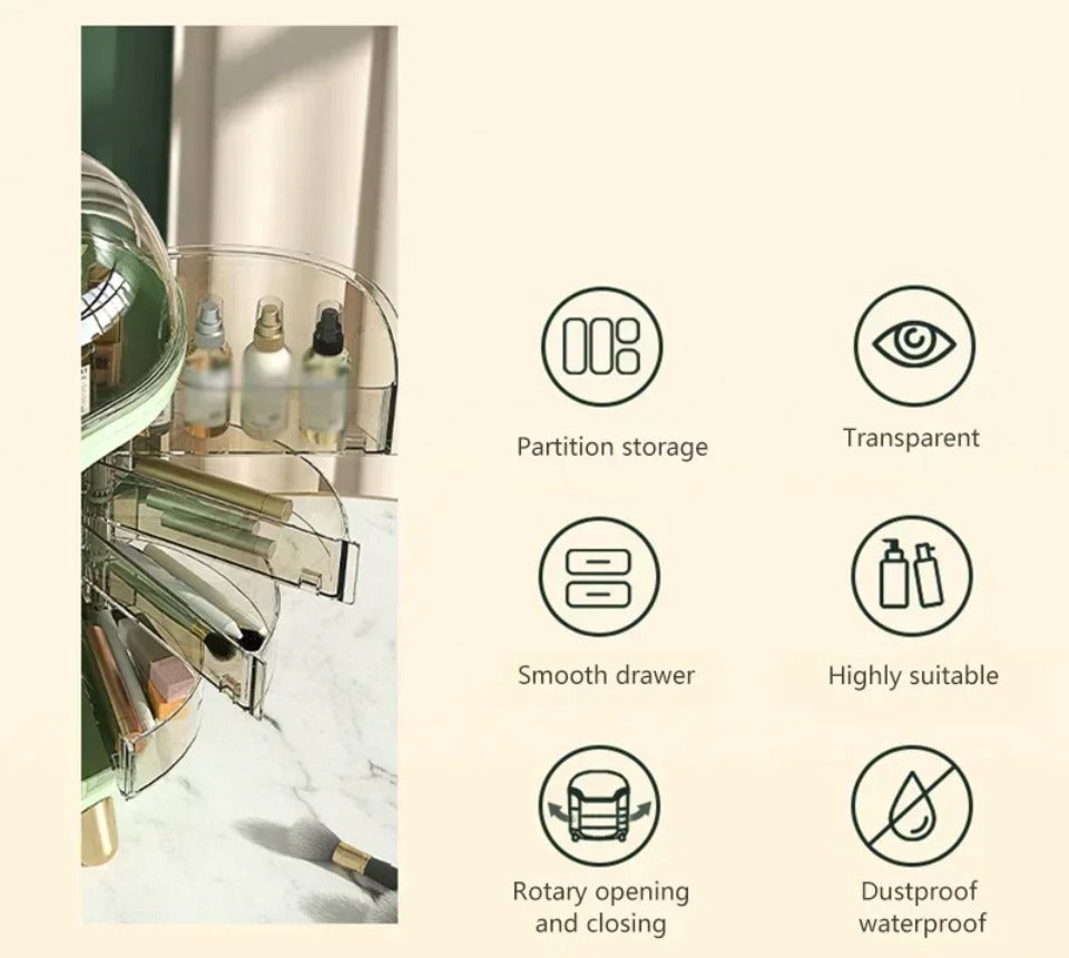 Luxury transparent makeup organizer with rotating doors and drawers | Bowlift