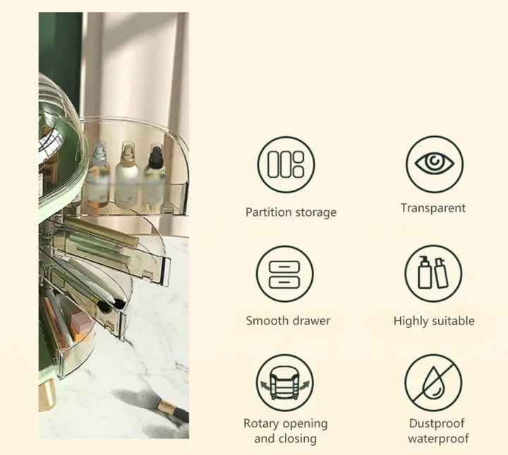 Luxury transparent makeup organizer with rotating doors and drawers | Bowlift