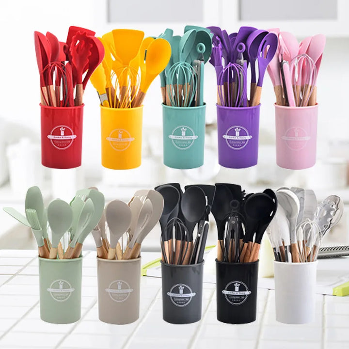 BowLift | Culinora Silicone Kitchen Utensils Set | Heat Resistant up to 230 °C | 12-piece with Wooden Handles | Whisk, Spatula, Tongs & more