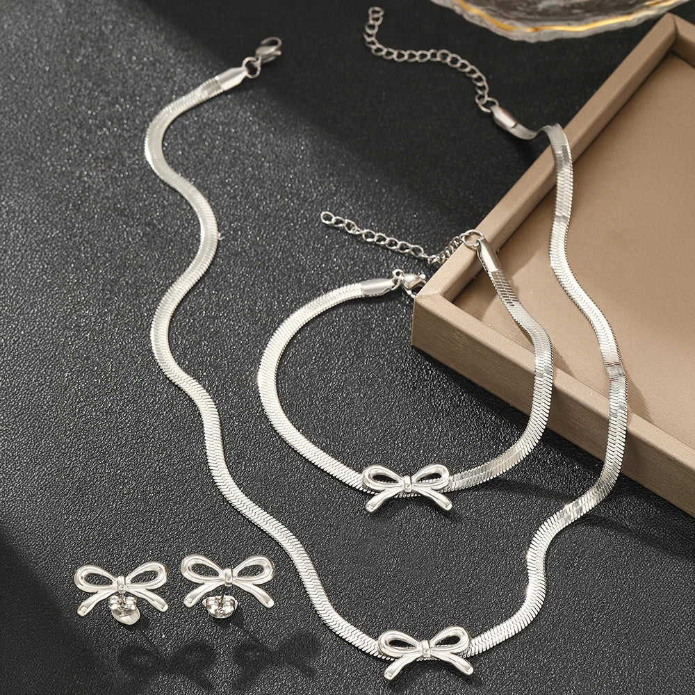 BowLift | Feminine Bow Herringbone Chain Necklace, Bracelet, and Earring Set