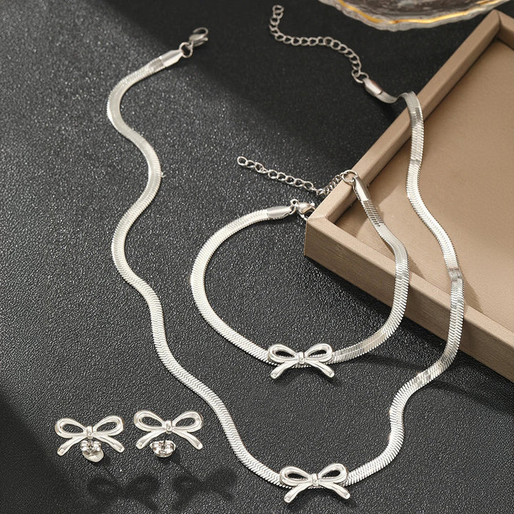 BowLift | Feminine Bow Herringbone Chain Necklace, Bracelet, and Earring Set