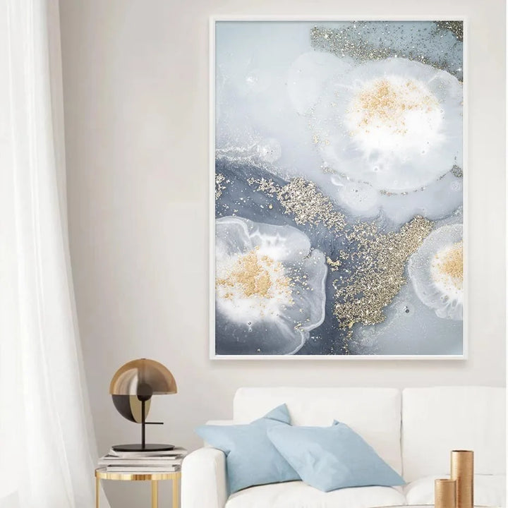 Blue White Golden Abstract Floral Wall Art Fine Art Canvas Prints Poster Picture For Modern Living Room Bedroom Nordic Home Decor | Bowlift