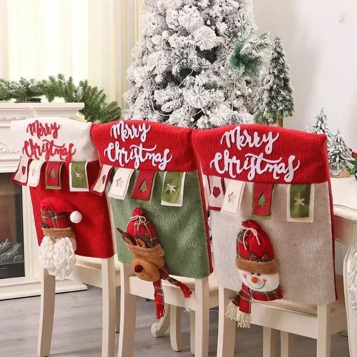 BowLift | Christmas chair cover MerrySeat | Santa, Snowman & Reindeer Design | Fabric chair cover | Reusable decoration for Christmas